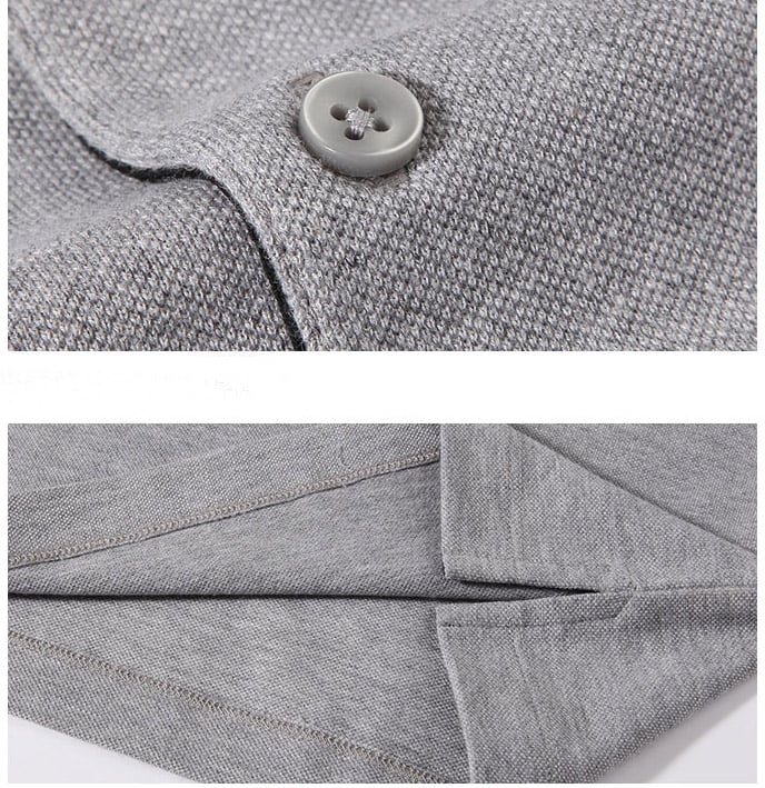grey polo shirt of button and vest open