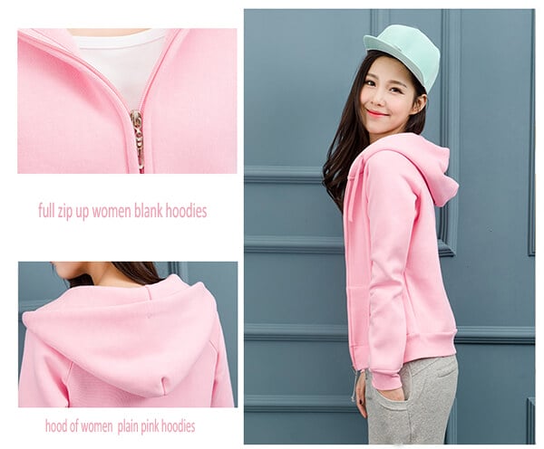 zipper and hood of blank pink women hoodies