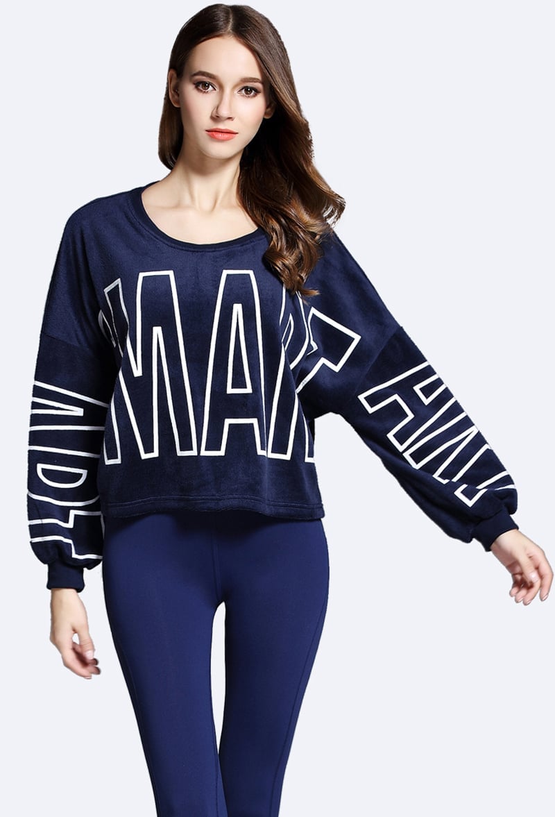 Spring outside navy blue loose women fleece, printing sweatshirt