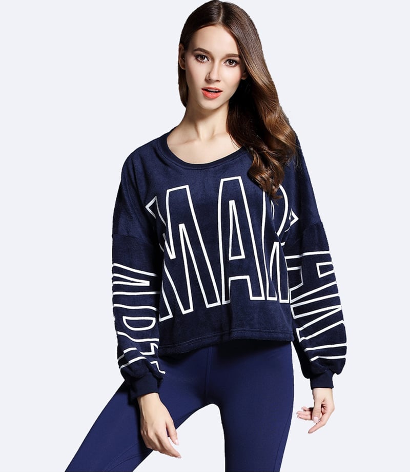 Spring outside navy blue loose women fleece, printing sweatshirt