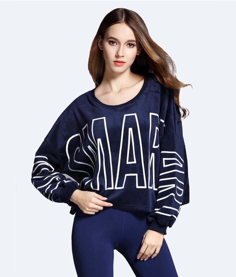 Spring outside navy blue loose women fleece, printing sweatshirt