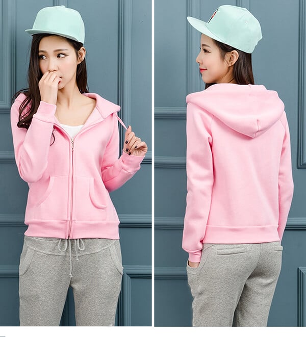 CVC80/20 Long Sleeve Sports Blank Cool Thin Womens Pink Zip up Hoodies