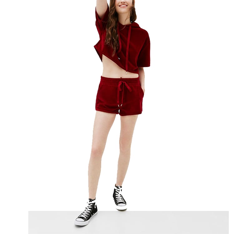 Manufacturers of garment in asia short sleeve velvet hoodie ladies