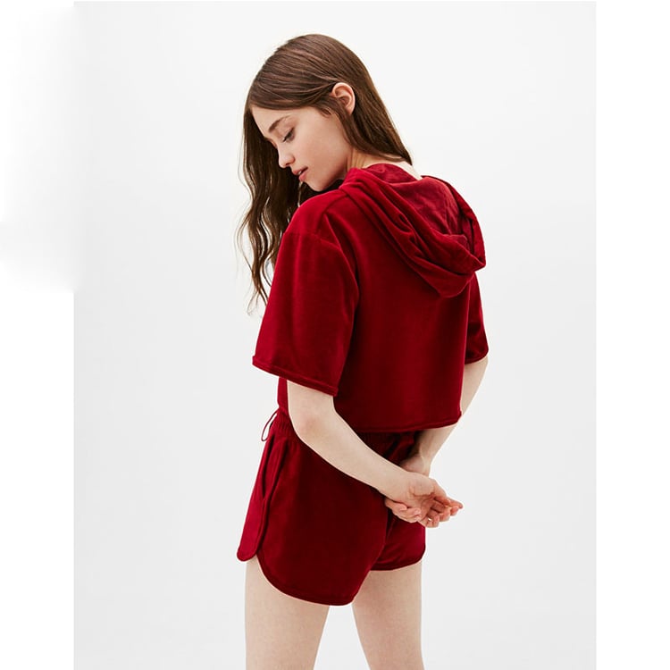 Manufacturers of garment in asia short sleeve velvet hoodie ladies