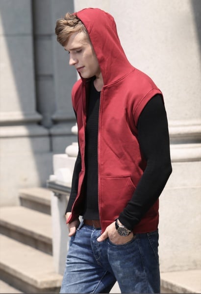 Wholesale Men Custom Full Zip Up Blank Sleeveless Hoodies Gym